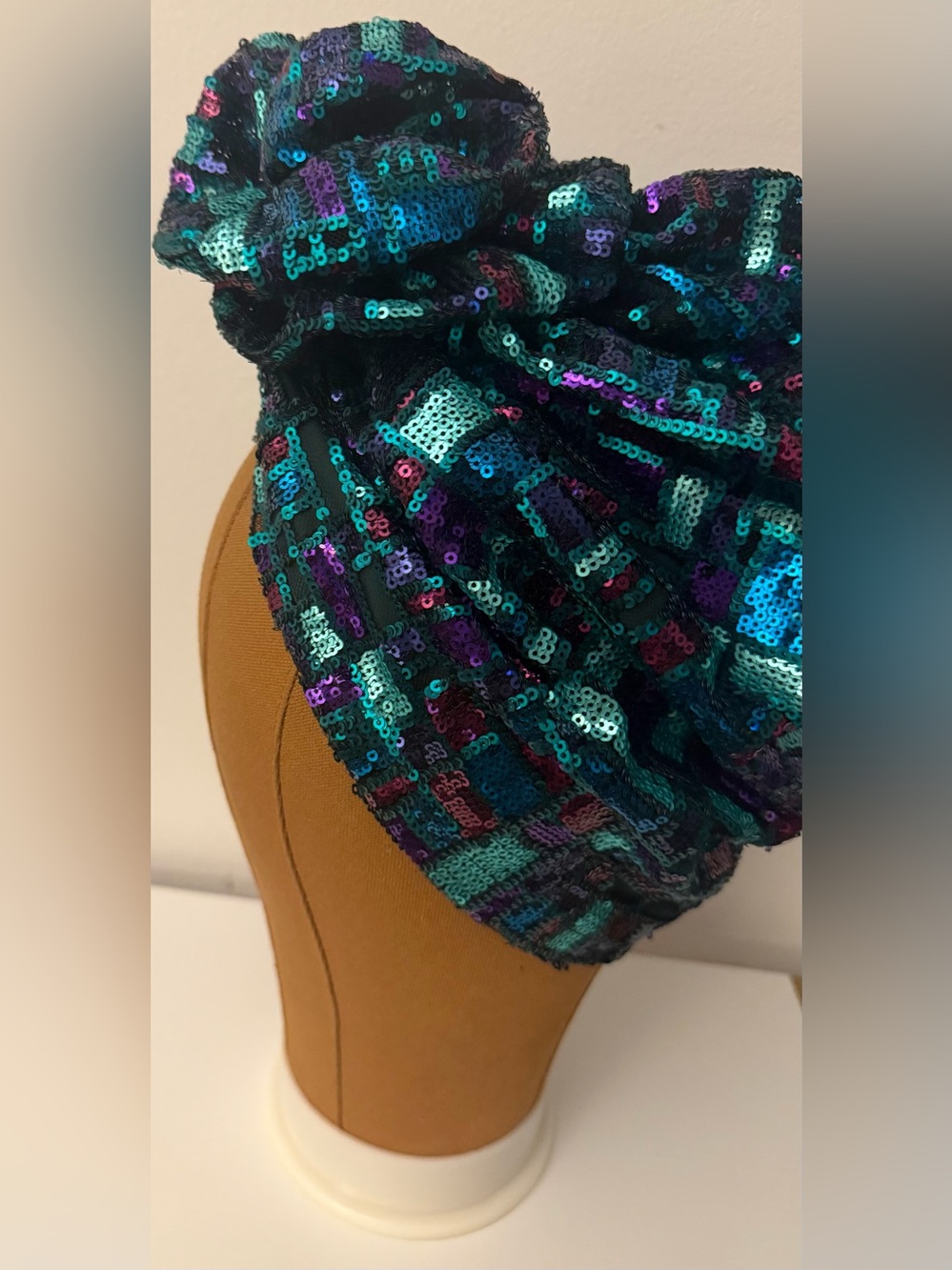 Sassy Jones Sequin Turban Headwrap in Teal, Purple & Black - Picture 2 of 5